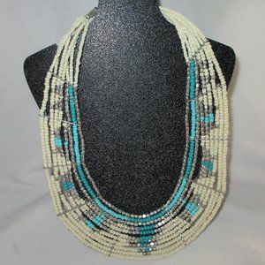 Silver Tone, Teal and Cream Beaded Focal Necklace